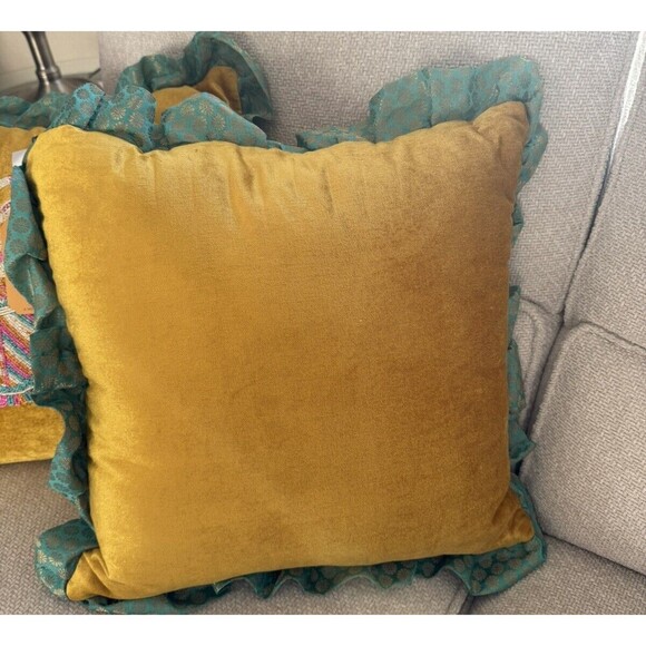 2 World Travel dancer couch Throw Pillow Mustard/Yellow Fancy Embroidered 20x20 - Picture 2 of 7